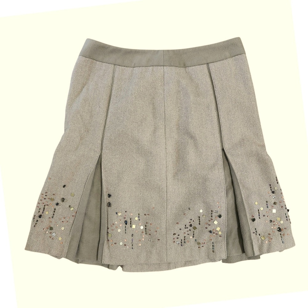 Ann Taylor LOFT Skirt 10P Brown Herringbone Beaded Wool Blend Pleated Mini
